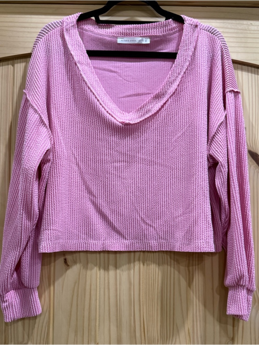 Altar'd State Pink Waffle Knit V-Neck Long Sleeve Top